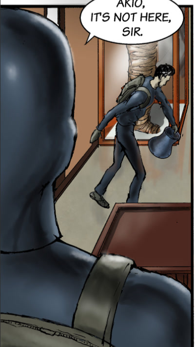 Original page 3 panel: over an intruder's shoulder, an accomplice carries a jug past a mummy case, saying Akio, it's not here, sir