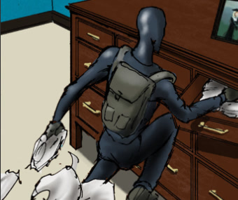 Original page 2 panel: an intruder with a backpack ransacks a wooden dresser, clothes strewn on the floor
