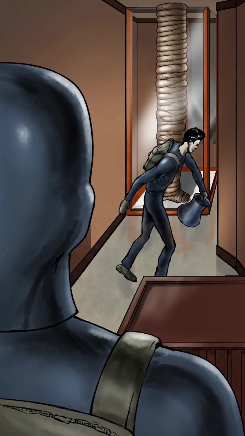 Generated frame: the same over-the-shoulder staging, same jug, same mummy case