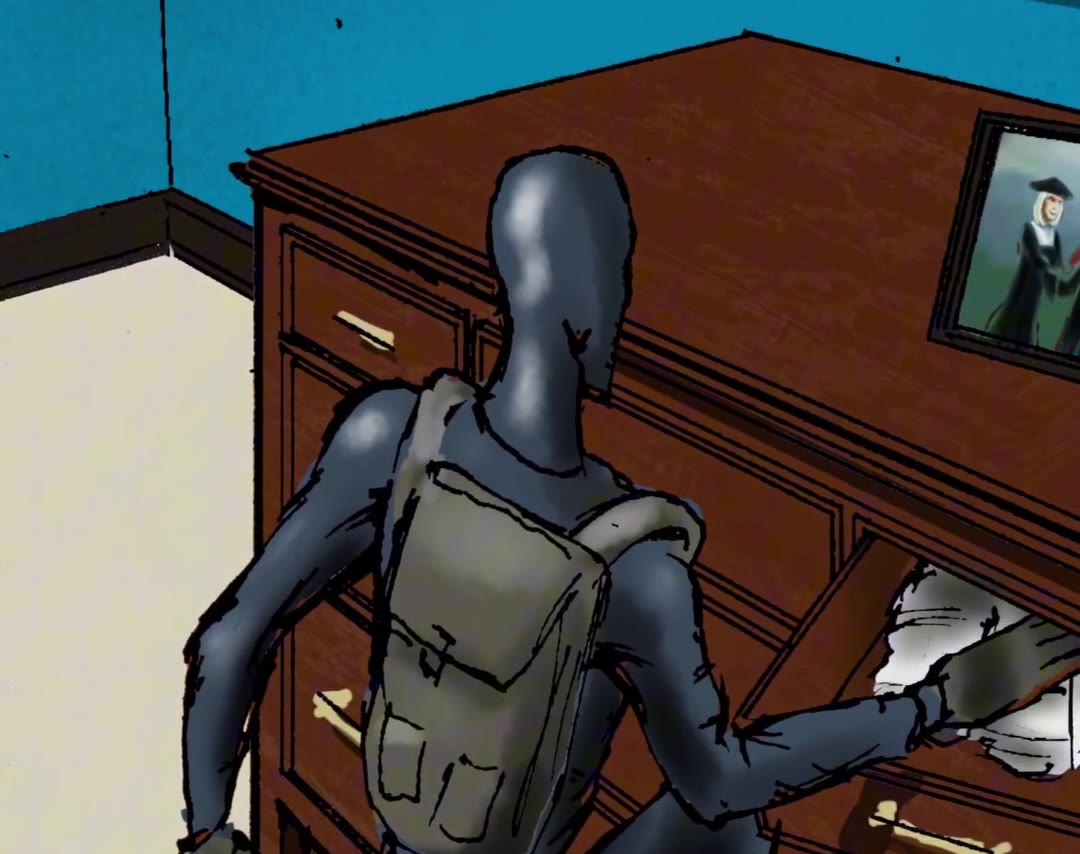 Generated frame: the same figure at the same dresser, down to the framed graduation photo on top