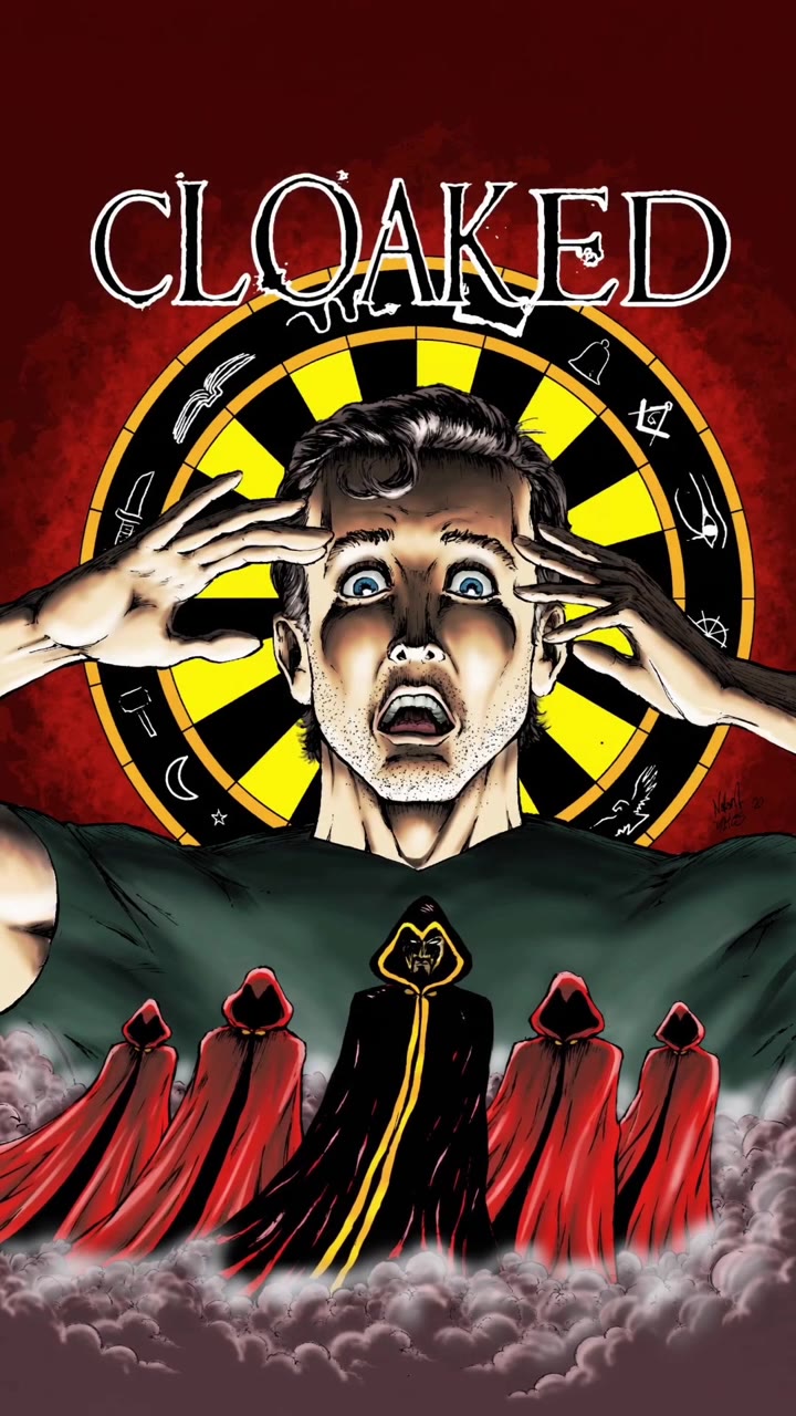 Cloaked key art: a terrified man clutching his head before an occult wheel, red-cloaked cult figures below