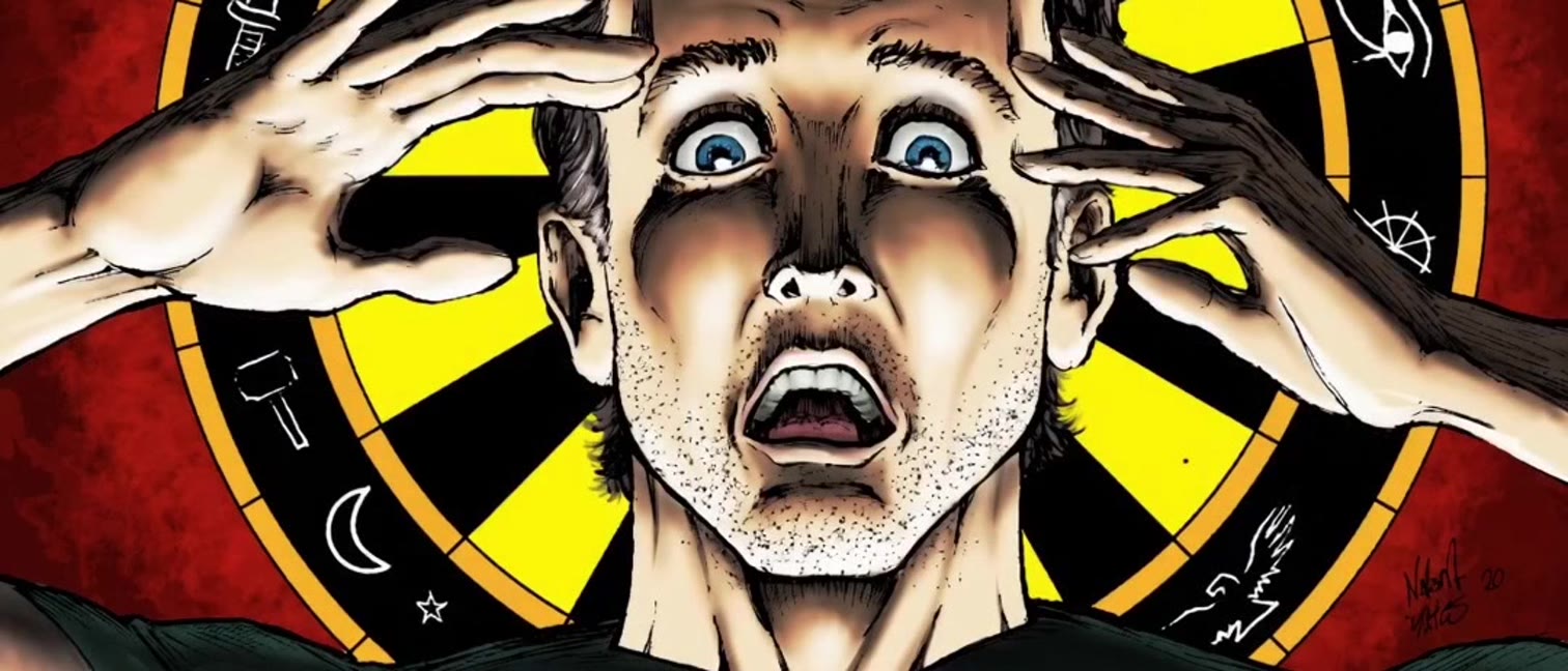 Cloaked key art: a terrified man clutching his head before an occult wheel of symbols