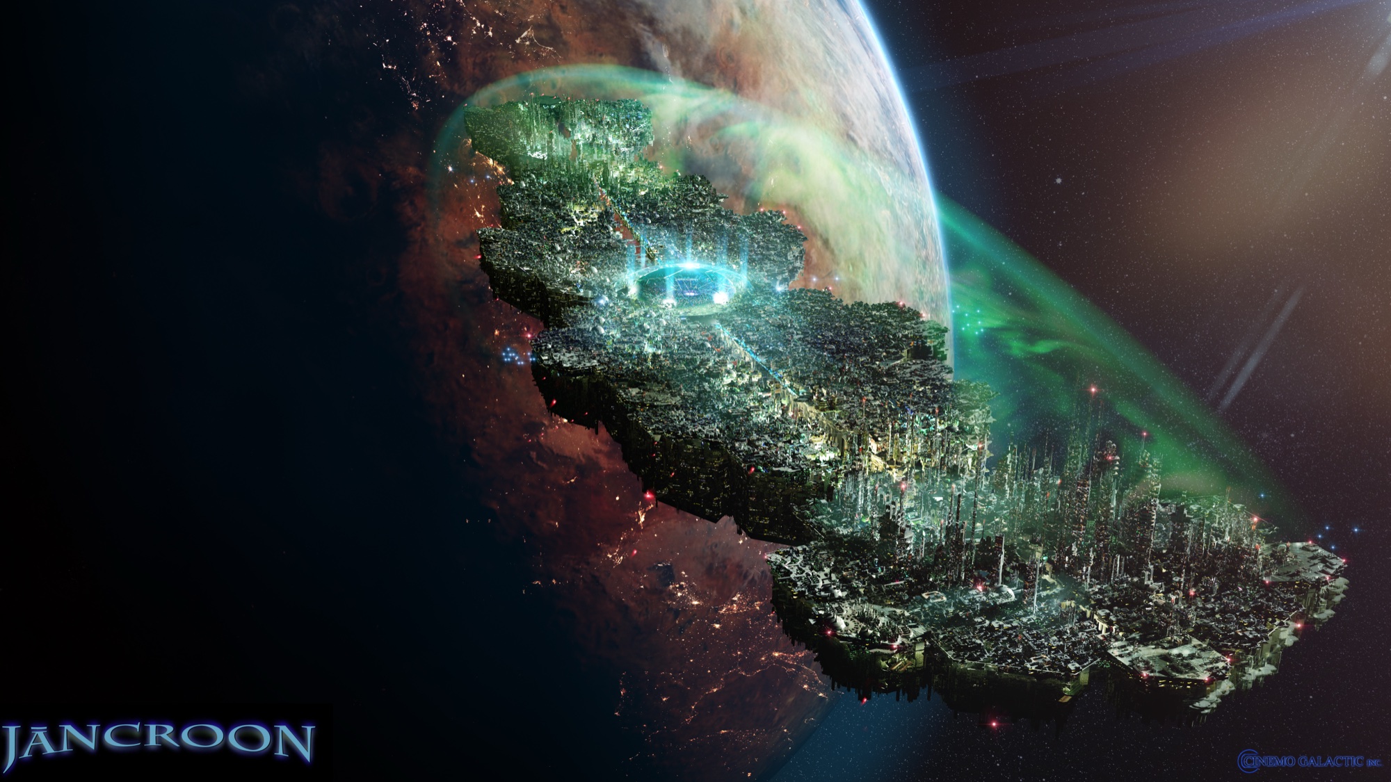 Jancroon establishing concept: the city in the sky above a far-future Earth, by the creators' team