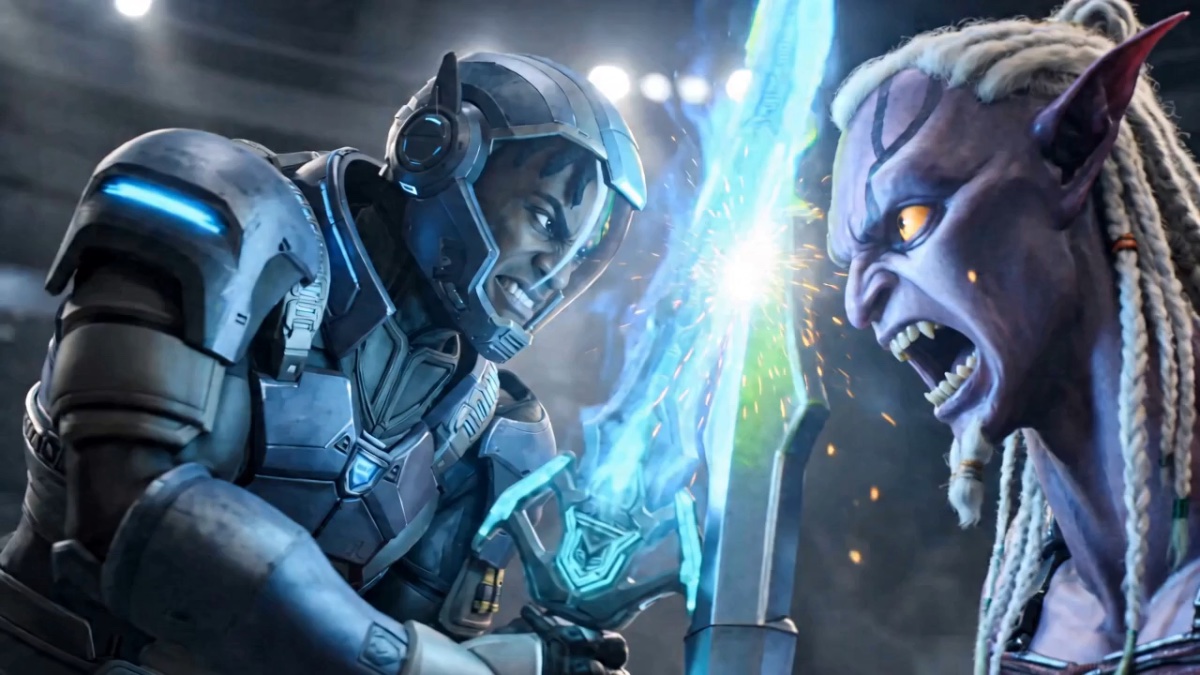 Jancroon armored warrior facing the alien Croon, energy weapons clashing