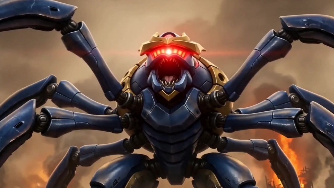 Animated frame of Borge, the blue spider-mech, matching the published design