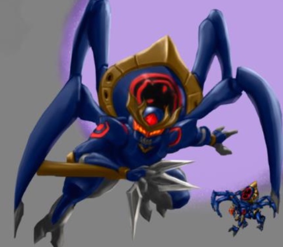Original published character art of Borge, a blue armored spider-like creature with a horned mask