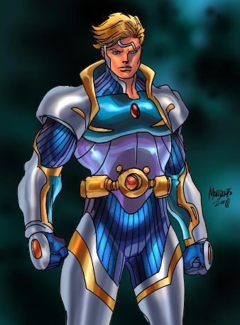 Original published character art of Sulver, a blonde warrior in blue, silver and gold armor
