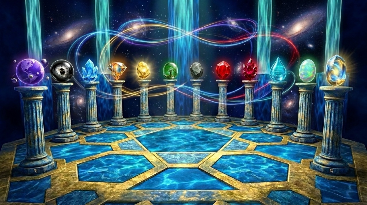 Rendered frame: the Magic Eye's chamber, gemstones on stone pedestals ringed by streams of light