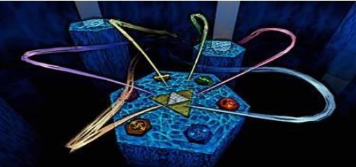 Reference art: glowing gemstones set on temple pedestals, in the style of classic Zelda medallion altars