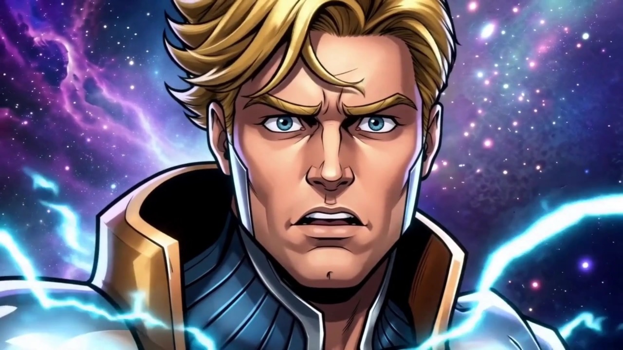 Sulver, a blonde warrior in silver and teal armor, against a purple nebula crossed with cyan lightning
