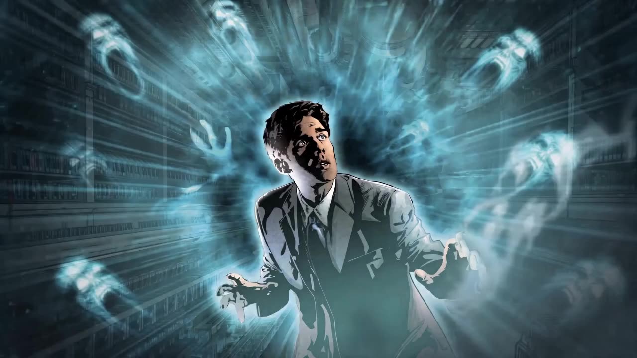 Interdimensional: a man in a dark suit falls through a blue void
