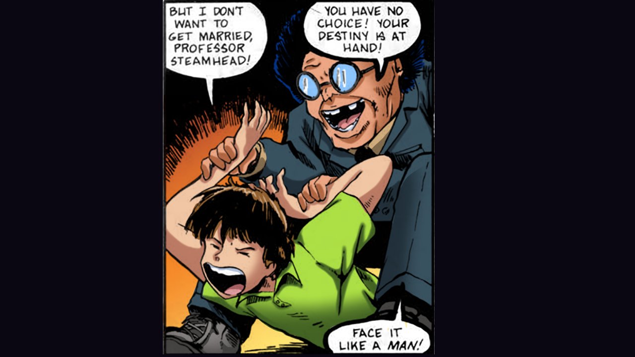 Ninja High School, the manga panel: the professor pins the boy down