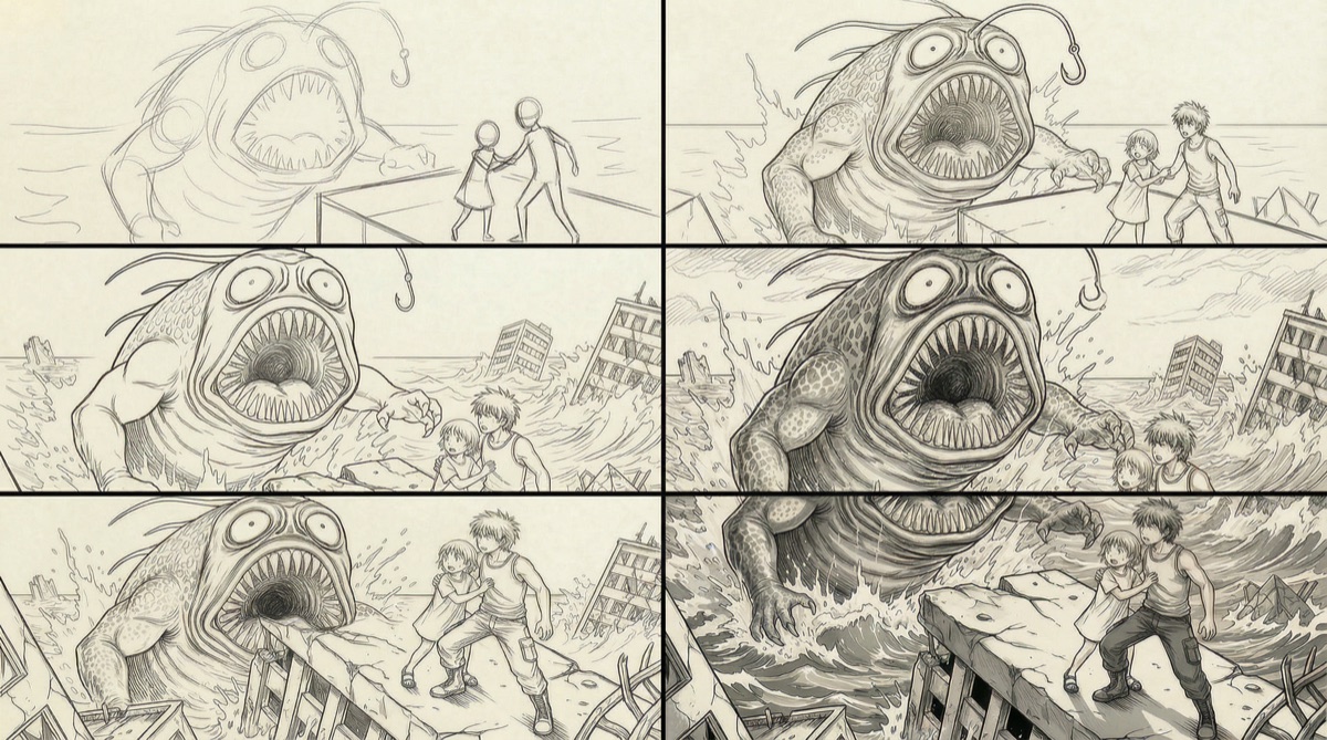 Storyboard review with generated frames laid out in sequence