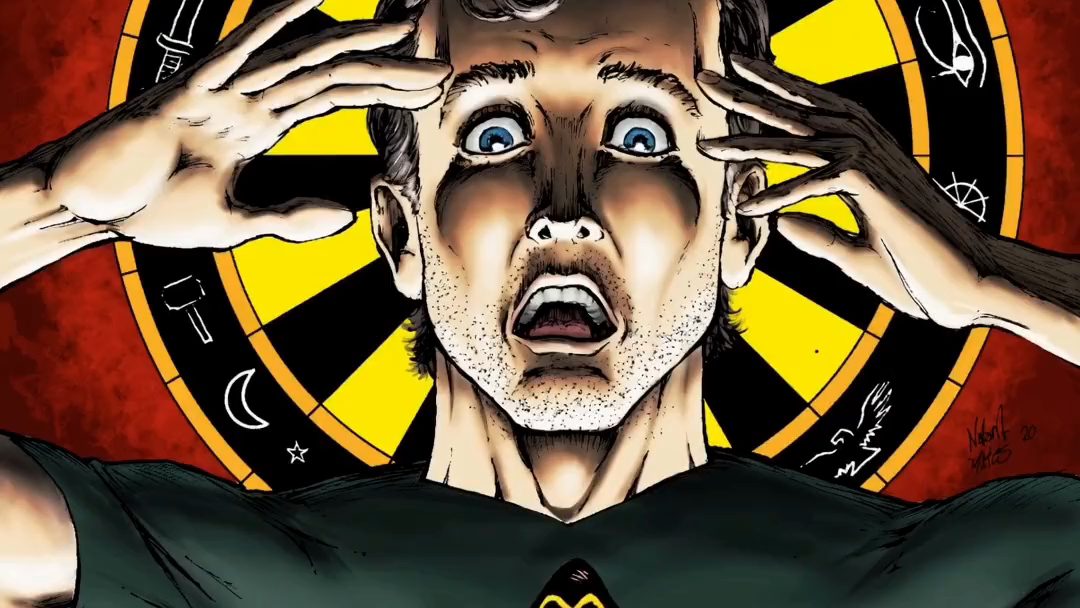 Cloaked: a terrified man clutches his head before an occult wheel of symbols