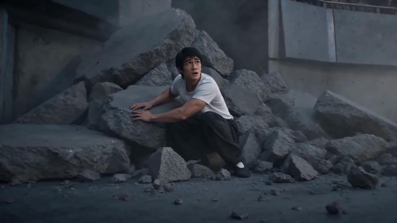 Jancroon: a young man in a white T-shirt crouches among broken concrete and looks up in alarm